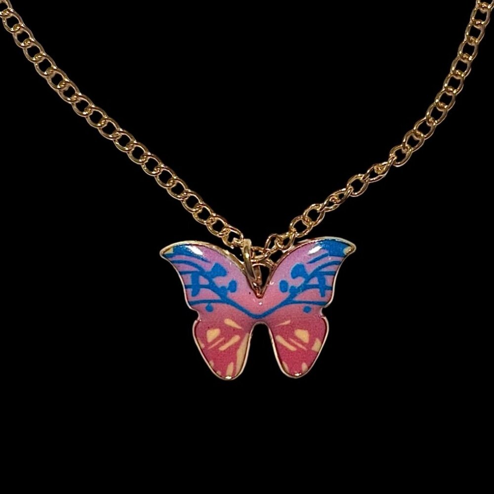Blue, Pink, Red, & Yellow Butterfly Pendant Necklace